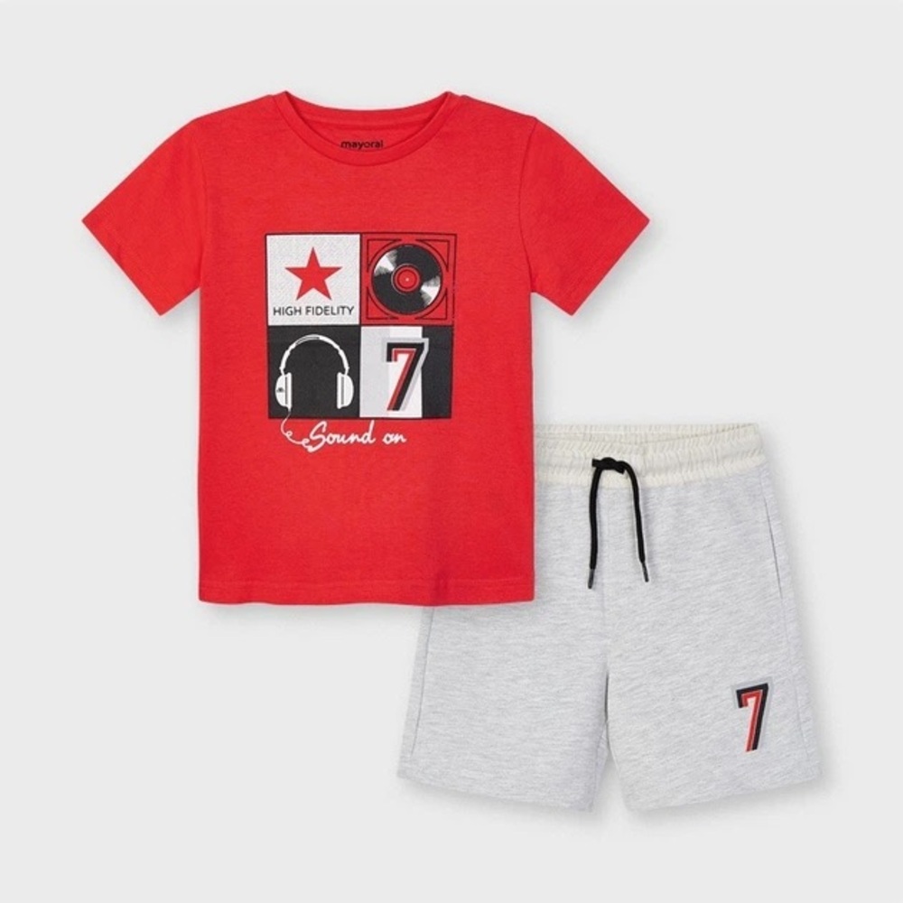 Size 4 Boys Mayoral Red Graphic Tee and Light Gray Shorts Matching Set